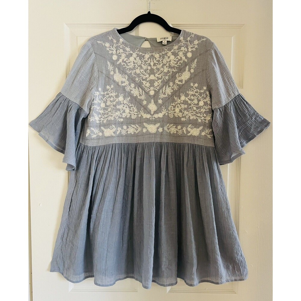Umgee Boho Embroidered Peasant Dress Sz S Blue Bell Sleeve Babydoll Mini Cotton